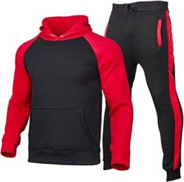 Men's Athletic Sweatshirt Tracksuit Pullover Hoodie Jogging Pants 2 Pieces Set (Color: RED-M)