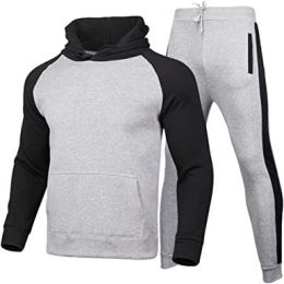 Men's Athletic Sweatshirt Tracksuit Pullover Hoodie Jogging Pants 2 Pieces Set (Color: GRAY-M)