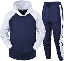 Men's Athletic Hooded Sweater Tracksuit Long-sleeved Pullover Sports Trousers Set (Color: BLUE-L)