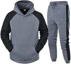 Men's Athletic Hooded Sweater Tracksuit Long-sleeved Pullover Sports Trousers Set (Color: GRAY-M)