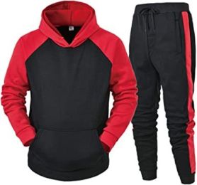 Men's Athletic Hooded Sweater Tracksuit Long-sleeved Pullover Sports Trousers Set (Color: RED-S)