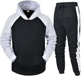 Men's Athletic Hooded Sweater Tracksuit Long-sleeved Pullover Sports Trousers Set (Color: BLACK-M)