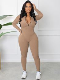 Women's New Pit-Striped Zipper Sports Jumpsuit (Color: Khaki)