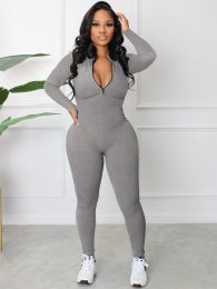 Women's New Pit-Striped Zipper Sports Jumpsuit (Color: Grey)