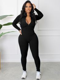 Women's New Pit-Striped Zipper Sports Jumpsuit (Color: Black)