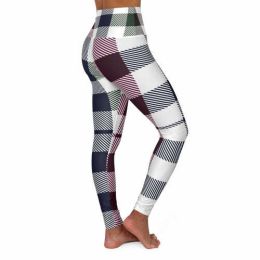 High Waisted Yoga Pants; Blue Burgundy Green And Black Plaid Style (size: XL)