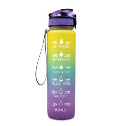 1L Tritan Water Bottle With Time Marker Bounce Cover Motivational Water Bottle Cycling Leakproof Cup For Sports Fitness Bottles (Color: Purple blue yellow gradient)