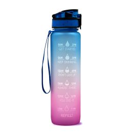 1L Tritan Water Bottle With Time Marker Bounce Cover Motivational Water Bottle Cycling Leakproof Cup For Sports Fitness Bottles (Color: Blue red gradient)